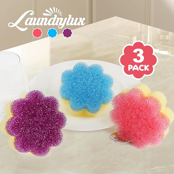 LAUNDRYLUX Scrub Sponge, Dual-Sided Temperature-Responsive Scrubber - Non-Scratch - Multipurpose Dish Sponges for Kitchens, Bathrooms, and Outdoor Use - 3 Pack