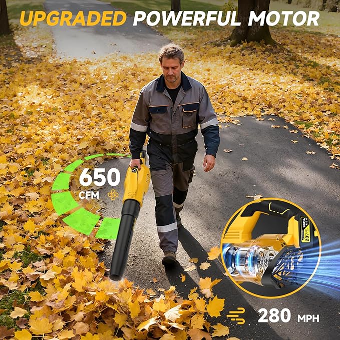 Leaf Blower Cordless, 650CFM Electric Leaf Blowers with 2 x 5.2Ah Batteries and Charger, 3 Speed Modes, 1 x Adjustable Shoulder Strap, Powerful Blowers for Lawn Care, Patio, Dust, Blowing Leaves