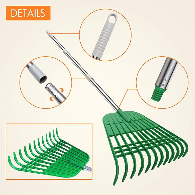 Gardzen 12 Tines Gardening Leaf Rake, Lightweight Steel Handle, Detachable, Ideal Camp Rake, Comes with Dustpan-Type Garden Bag | Lightweight Steel Handle, Detachable, Ideal Camp Rake, Comes with Dustpan-Type Garden Bag