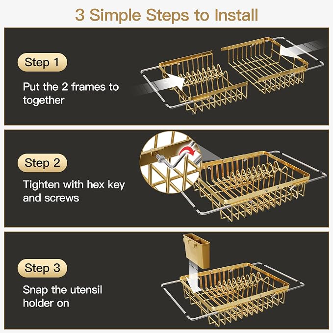 JASIWAY Expandable Stainless Steel Gold Dish Drying Rack Over The Sink for Small Kitchen, Counter Space Saving Compact Plate Drainer Strainer, Adjustable Hanging Metal Dish Dryer with Utensil Holder