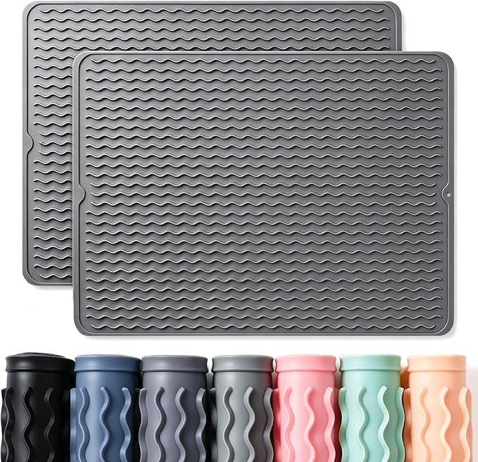 2 Pack Caketime Silicone Dish Drying Mat for Kitchen Counter Coffee Bar Accessories Heat Resistant Waterproof Dining Under Sink Organizers Dog food mat Must Haves Extra Large 24"x18" Gray
