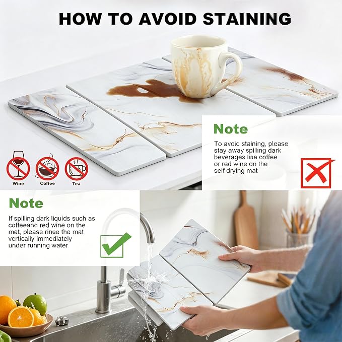Stone Drying Mat for Kitchen Counter, Quick Diatomaceous Earth Mats for Dishes, 24"L x 16" W Super Absorbent Fast-Drying Collapsible Countertop Stone Mat (Marble White-08, 24" x 16")
