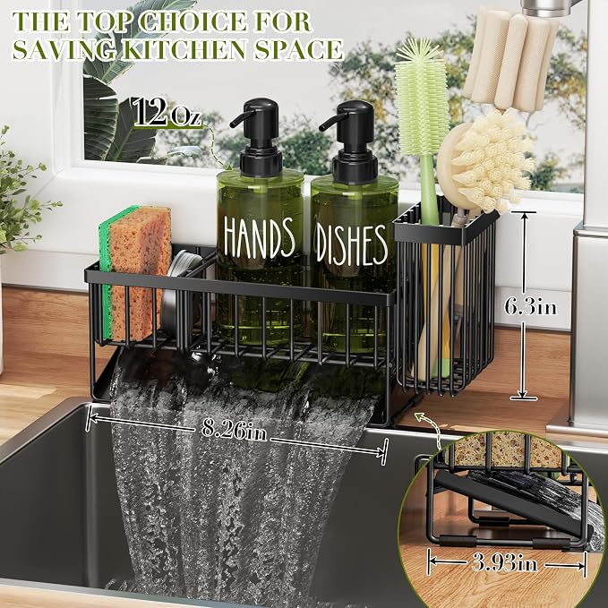 MASADI Kitchen Dish Soap Dispenser Set with Sponge Holder, 12OZ Glass Bottle, Hand and Dish Soap Dispenser Set, Non-Slip Silicone Pad, Brush Holder, Kitchen Sink Organizer Countertop (Black+Green)