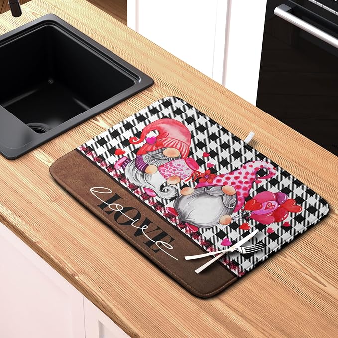 Valentine's Day Dish Drying Mats for Kitchen Counter, Gnome Love Kitchen Drying Mat, Buffalo Plaid Dish Drainer Mat Absorbent Quick Dry Dishes Pad 18 x 24 In - Farmhouse Decor Valentines Gift