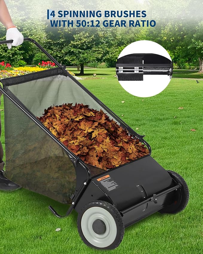 26-Inch Push Lawn Sweeper,7 Cu. Ft. Large Capacity Collection Bag,4 Spinning Brushes, Adjustable Height, Durable Steel Frame with Rubber Wheels, for Grass, Leaves & Debris Collector on All Terrains