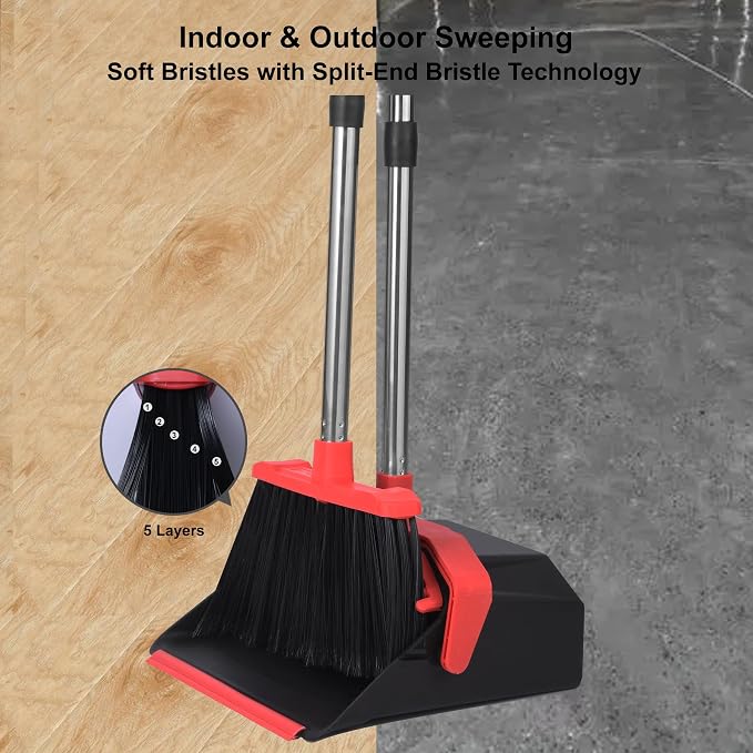 Tiumso Upgrade Broom and Dustpan Set, 51'' Sturdy Long Handle, Large Upright Stand Up Broom and Dustpan, ZeroGap Lip, Self-Cleaning Dustpan Teeth for Lobby Kitchen Office Floor - Black and Red