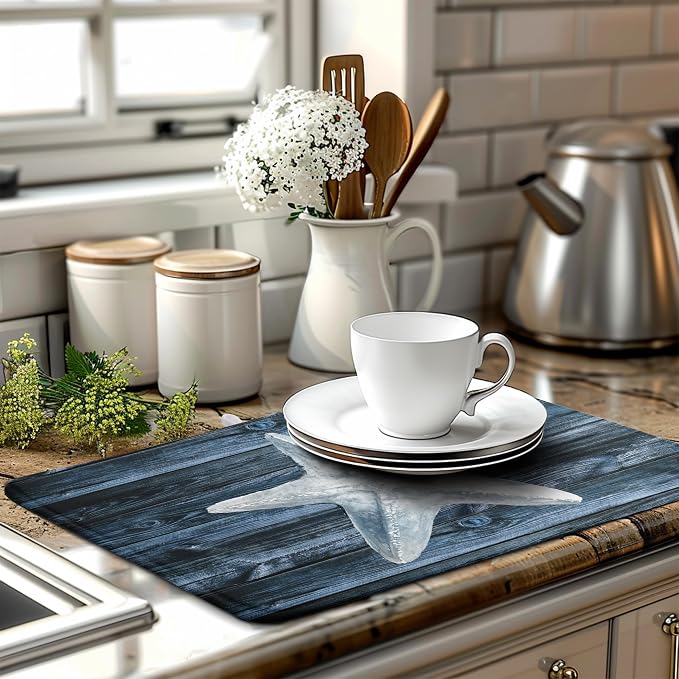 Summer Starfish Dish Drying Mat for Kitchen Counter Navy Blue Microfiber Absorbent Dish Drainer Rack Mats Coastal Ocean Themed Kitchen Sink Dishes Pad 18 X 24 Inch
