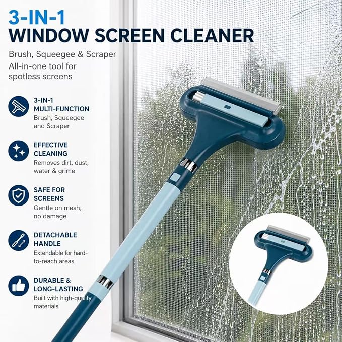 3-in-1 Window Screen Cleaner with Squeegee and Pet Hair Remover, Window Screen Cleaning Brush for Couch, Mesh and Multi-Use Crevice Tool for Patio and Porch Screens (Blue)