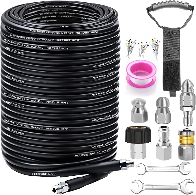 Sewer Jetter Kit for Pressure Washer 200FT, 5800PSI Drain Cleaner Hose with 1/4 Inch NPT Corner, Rotating Nozzle and 4 Different Button Nose Sewer Jet Nozzles, Waterproof Tape and 2 Spanners (Black)
