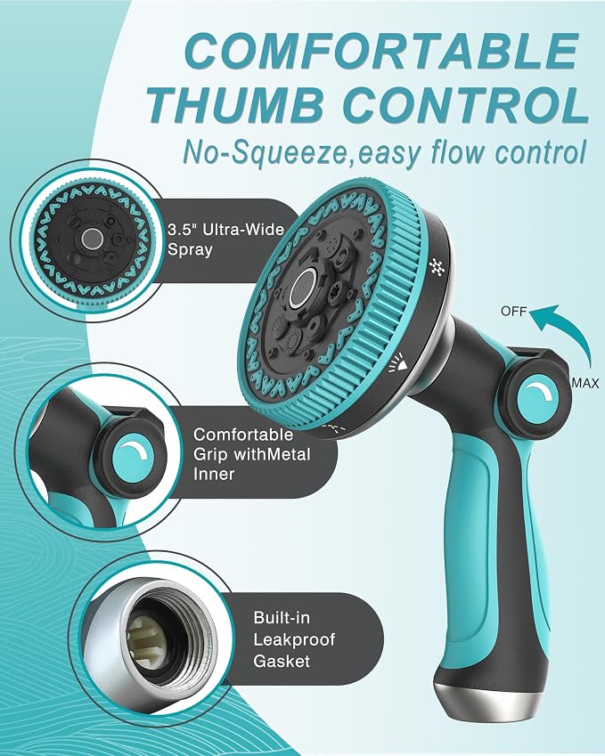 Water Hose Nozzle, Heavy Duty Water Hose Sprayer with 3.5" Ultra-Wide Spray, 8 Adjustable Modes - Ergonomic Thumb Control, Anti-Slip Grip for Watering, Car Washing, Pets, Garden