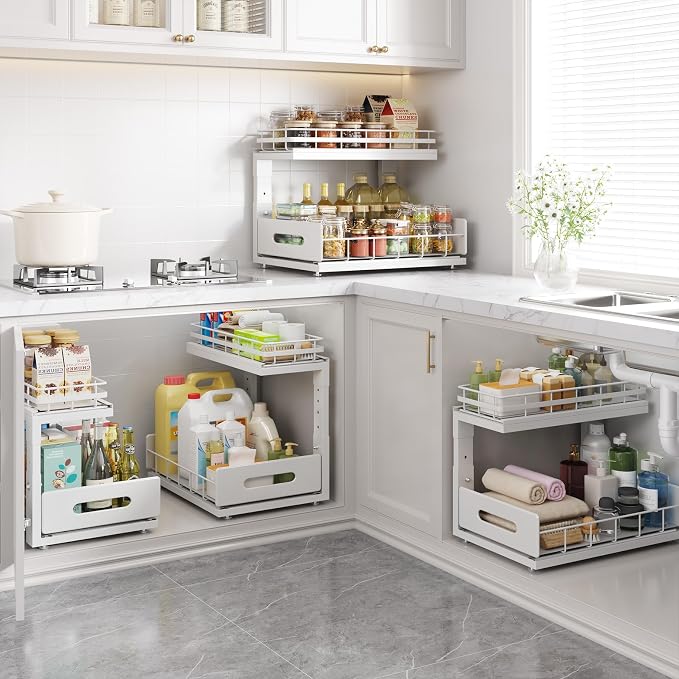 Under Sink Organizer Upgrade To Professional Rails,2-Tier Dual Pull Out Cabinet Storage,Height Adjustable Slide Out Drawers For Bathroom Kitchen,2 Pack-14.5" Dx12.8-16.9" H,White