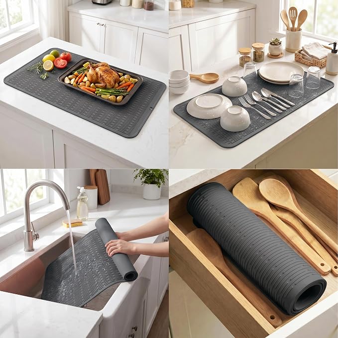 MicoYang Silicone Dish Drying Mat for Multiple Usage,Easy clean,Eco-friendly,Heat-resistant Silicone Mat for Kitchen Counter or Sink,Refrigerator or Drawer Liner Grey 5XL 36inches x 18inches