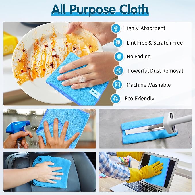 FIXSMITH Blue Microfiber Cleaning Cloth -Pack of 8, Highly Absorbent Cleaning Rags, 16"X12" All Purpose Cleaning Towels for Housekeeping, Kitchen, Car, Lint Free and Reusable Microfiber Towels
