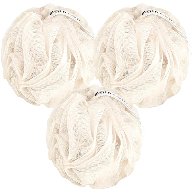 MainBasics Shower Loofah Sponge Pouf, Set of 3, Seaweed Infused | Soft Mesh Body Scrubber and Bath Sponge for Gentle Exfoliation, Rich Lather, and Everyday Shower Use