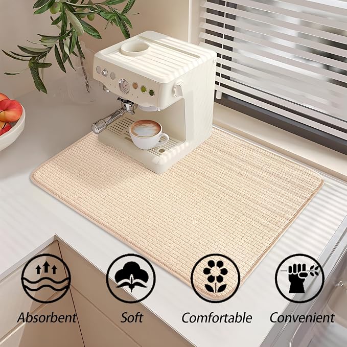 2 Pcs XXL Dish Drying Mats,Absorbent Microfiber Drainer Mat,Large Size 24×17" Pads for Kitchen Counter,Coffee,Rack,Under Sink(Beige)