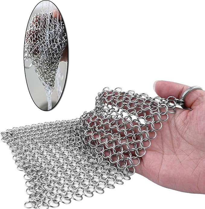 TOPULORS Cast Iron Chainmail Scrubber, 316L Stainless Steel Cleaner 8x6 in | Effectively Removes Residue Without Damaging Cast Iron Seasoning, Suitable For Skillets, Griddles, Grills, And Cookware