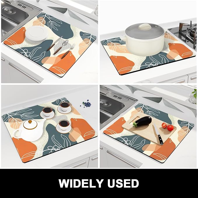 Rnivvi Dish Drying Mat for Kitchen Counter, 16 x 18" Cute Boho Theme Absorbent Heat Resistant Drying Pad with Non-slip Rubber, Coffee Bar Mats for Coffee Machine Dish Rack, Abstract Leaves