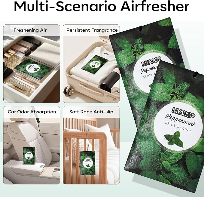 MYARO 12 Pack Peppermint Scented Sachets for Drawer, Closet Odor Eliminator Air Freshener Bags, Cool Mint Fragrance for Car & Home Aroma