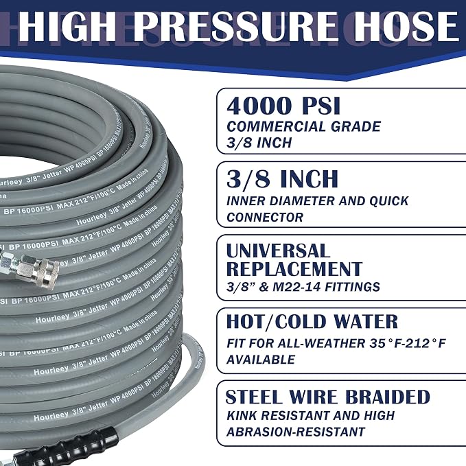 Hourleey Pressure Washer Hose 50FT, Kink Resistant High Tensile Wire Power Washer Hose, Rubber Wire Braided with 3/8" Quick Connect for Hot/Cold Water, 4000 PSI, Gray