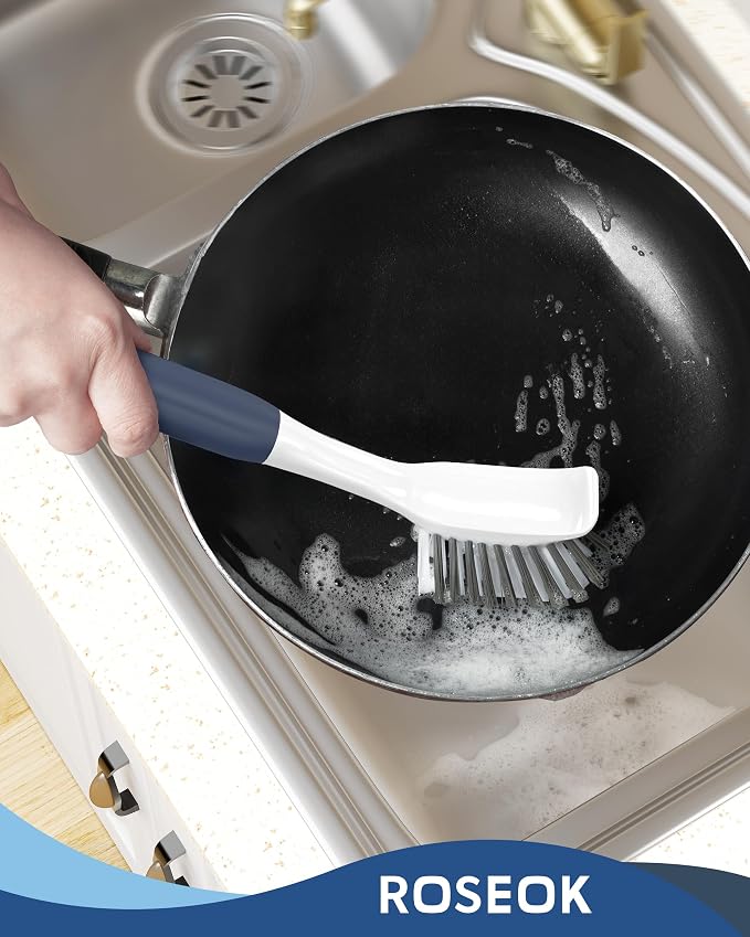 ROSEOK Dish Brush, Dish Scrubber, Nylon Bristles with Built-in Scraper | For Cleaning Dishes, Pots, Non-Stick Pans and Sinks, Navy Blue, 2 Pack