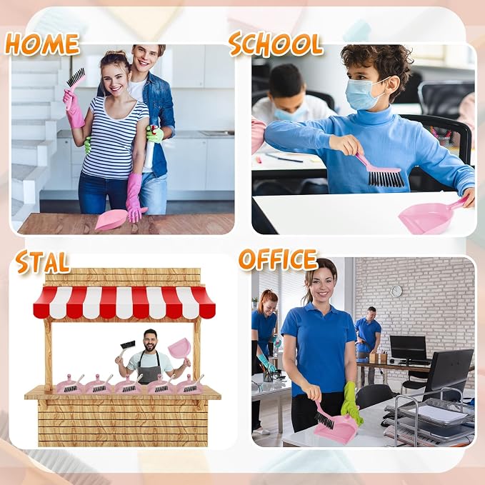 Sliner 18 Pack Mini Dustpan Brush Set Small Broom Set Bulk,Pink | Nesting Snap Plastic Dust Pans with Brush, Small, Handheld, Portable, Cleaning, Suitable for Desktop Pets Care Camping