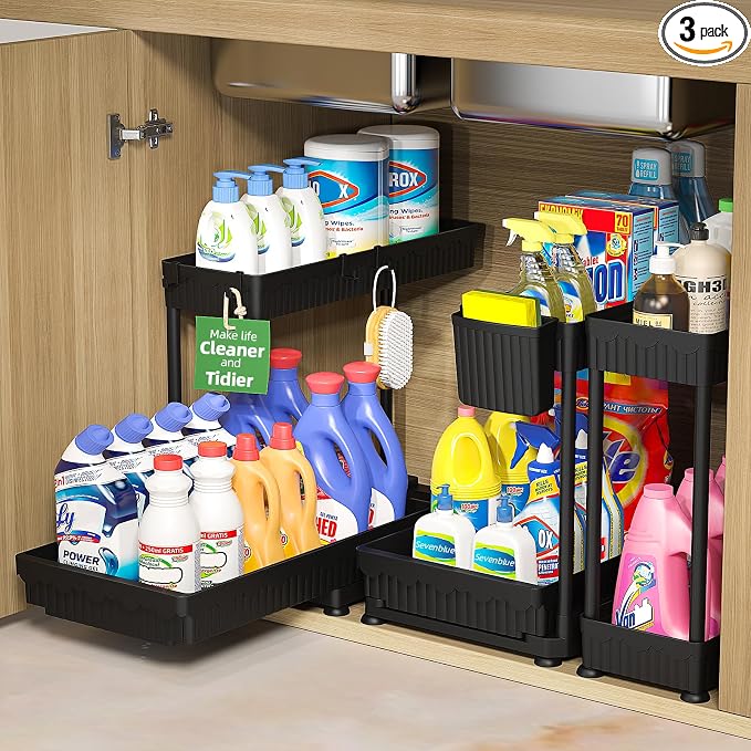 Sevenblue 3 Pack Multi-Purpose Pull-Out Storage Organizers, 2-Tier L-Shaped Under Sink/Cabinet Organizers and Storage for Bathroom & Kitchen, (Black, 12.85 Inches)