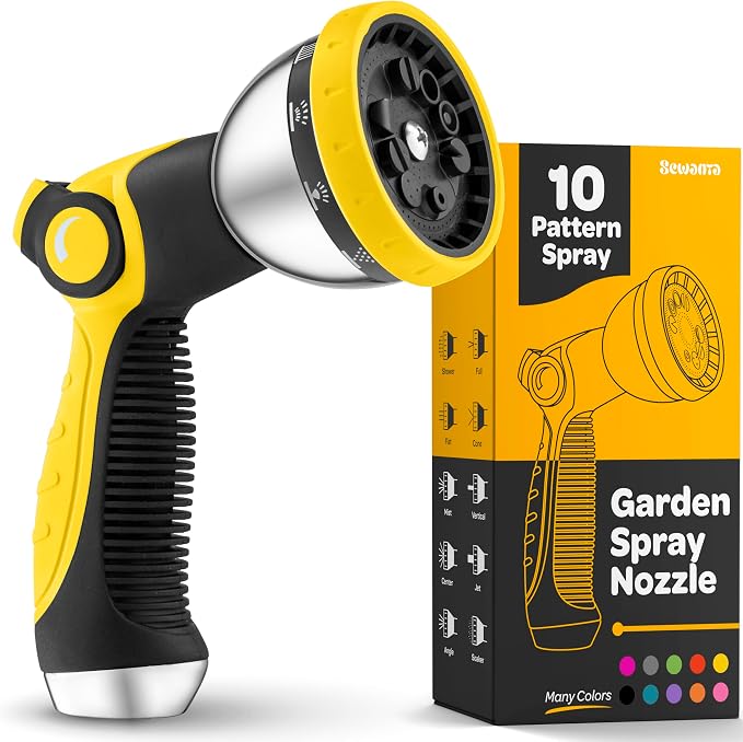 Hose Nozzle [Yellow] Heavy Duty Hose Sprayer With 10 Adjustable Watering Patterns. Thumb Control Design, Comfortable Ergonomic Grip, Garden Hose Nozzle for Watering Plants & Lawns/Fun showers/Cleaning