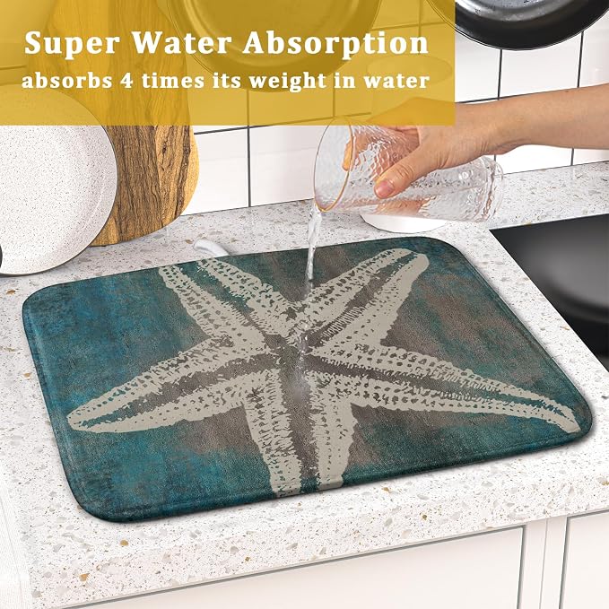 Giwawa Vintage Starfish Dish Drying Mat Coastal Beachy Nautical Drainer Rack Mat 16"x18" Absorbent Washable Dish Dry Pad for Kitchen Counter Sink