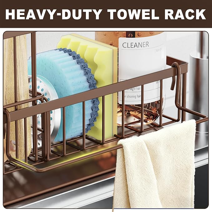 Sponge Holder for Kitchen Sink, Kitchen Sink Caddy, Kitchen Sink Sponge Holder, Dish Sponge Holder, Kitchen Sink Organizer for Sponge, Dish Brush, Scrubber(9.65" x 3.74" x 6.3", Brown)