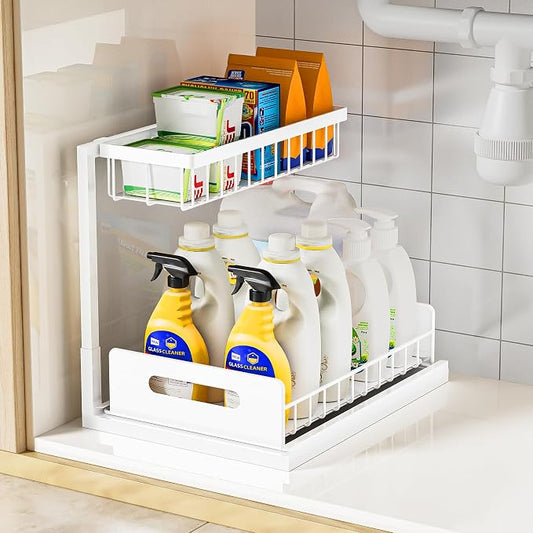 Under Sink Organizer and Storage, Slide Out Cabinet Organizer, Pull Out Sink Shelf for Kitchen Bathroom Laundry, 1 Pack White