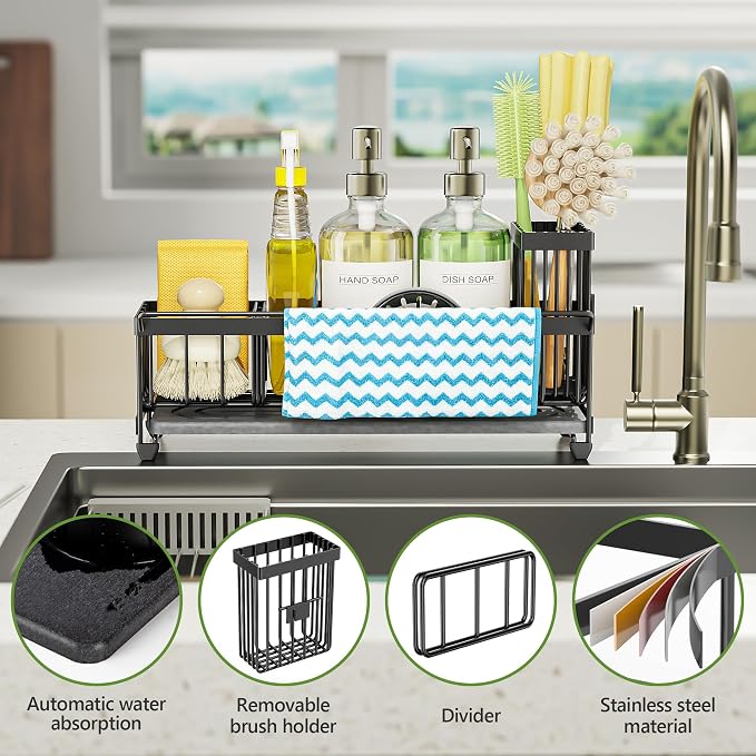 Cisily Large Sink Caddy Organizer with Towel Holder, Quick Dry Sponge Holder for Kitchen, Black Dish Brush Holder for Countertop, Kitchen Decor Storage and Essentials