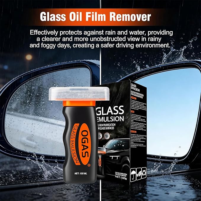 Car Windshield Cleaner & Glass Oil Film Remover, 100ml x 2PCS Car Glass Cleaner with Brush, Removes Oil, Grease & Fog, wiper residue, Anti-Fog Glass Emulsion Cleaner for Clear Driving Visibility