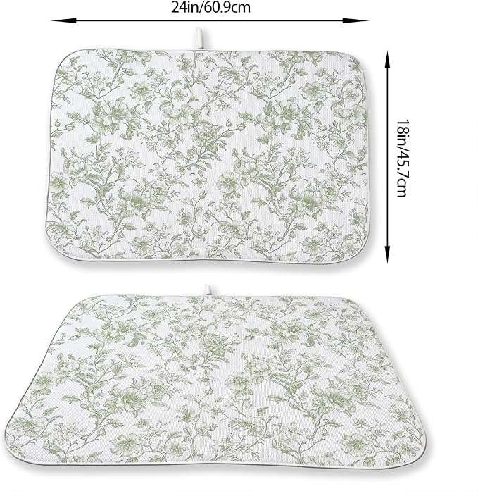 Sage Green Dish Drying Mat 18 x 24 Inch Chinoiserie Light Green Floral Drying Mat for Kitchen Counter Absorbent Spring Summer Flowers Dishes Dry Pad for Drainer Rack Kitchen Fast Dry
