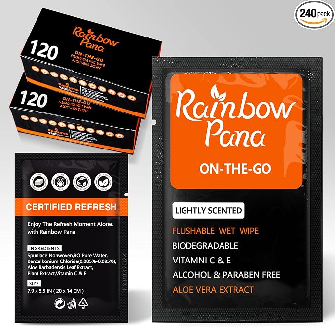 RainbowPana 240 Count Flushable Wipes for Men: ON-THE-GO, Individually Wrapped | Butt Wipes, Travel Wipes | Lightly Scented - Vitamin C, E, Aloe, Plant Extract