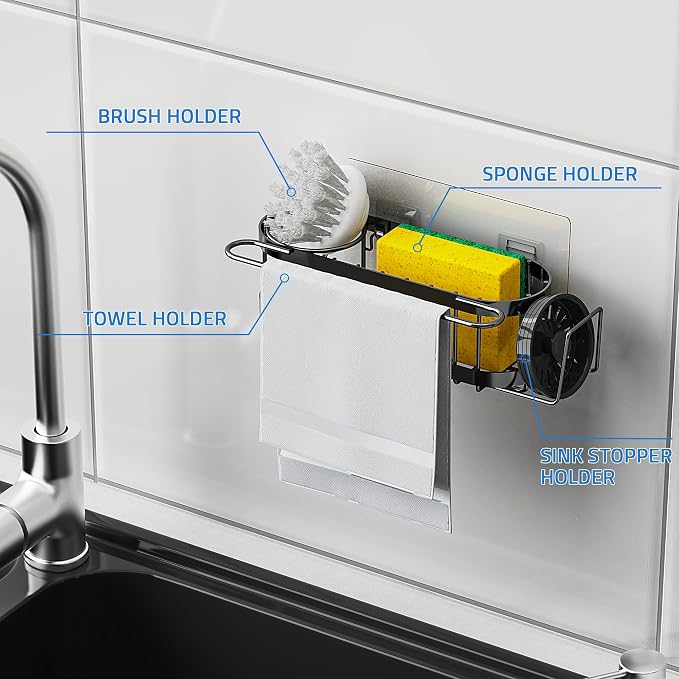 Cisily Kitchen Sink Caddy Sponge Holder in The Sink, Stainless Steel Kitchen Sink Organizer, Brush Holder, Dish Cloth Hanger, Sink Stopper Holder (Suction cup-Black)