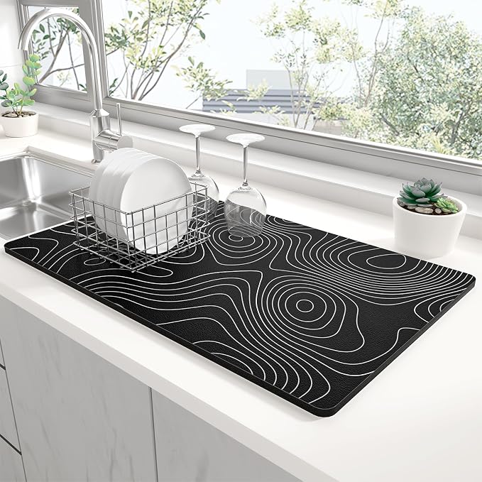 Rnivvi Dish Drying Mat for Kitchen Counter, 12 x 19" Cute Marble Super Absorbent Draining Pad, Non-Slip Heat Resistant Coffee Bar Mats for Coffee Machine Station Accessories, Line Art Dish Rack Pad