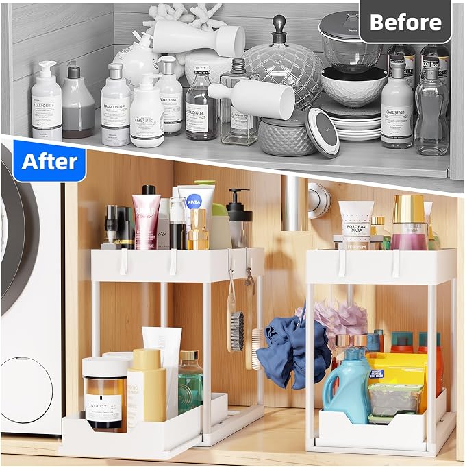 Simple Trending Under Sink Organizer 2 Pack, Sink Pull-Out Sliding Storage Cabinet, 2-Tier Under Shelf Organizer for Kitchen Bathroom, White
