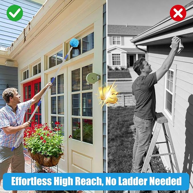 Cobweb Duster with Extension Pole - 6 FT Lightweight Stainless Steel Extendable Duster Ceiling Fan Duster for High Ceilings, Medium Stiff PET Bristle Spider Web Brush for Indoor/Outdoor Cleaning