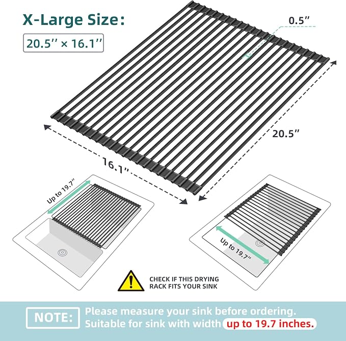Ohuhu Sink Drying Rack, 20.5" W x 16.1" L Over Sink Roll-Up Dish Drainer - Rolling Foldable Accessories Heat-Resistant Mat Anti-Slip Silicone Coated Multipurpose for Kitchen Counter