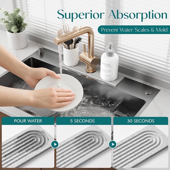 Stone Faucet Mat for Kitchen Sink, Food-Grade Diatomite Stone Drying Mat for Kitchen Counter, 2026 Upgraded Dishwasher-Safe & Ultra Absorbent, Stone Dish Matt for Bottles Utensils (15.7" x 3.9")