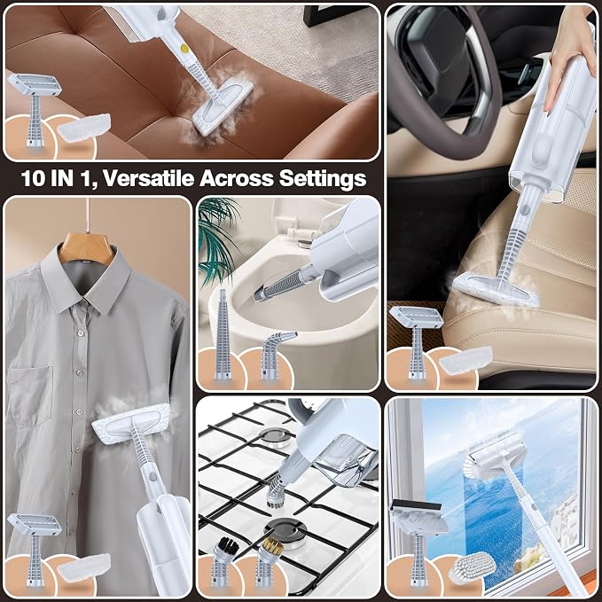 10 in 1 Multi-Accessories Handheld Steam Cleaner& Steam Mop for Home | Quick 10s Heat, 350ml Water Tank and 2-Level Steamer for Cleaning Floor, Window, Carpet, BBQ Grill, Tile, Sofa, Car and Grout