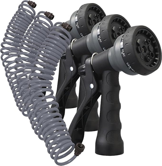 Orbit 26382 Coil Garden Hose, 25 Feet, with 8-Pattern Hose Nozzle (Gray) (Pack of 3)