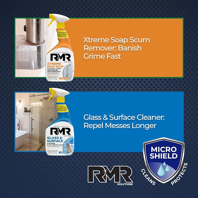 RMR Shower Shield Power Pack – Glass & Surface Cleaner/Repellent + Xtreme Soap Scum Remover, Multi-Surface Cleaning Kit for Bathroom, Tile, Glass, & Surfaces, 2–32 Oz Bottles