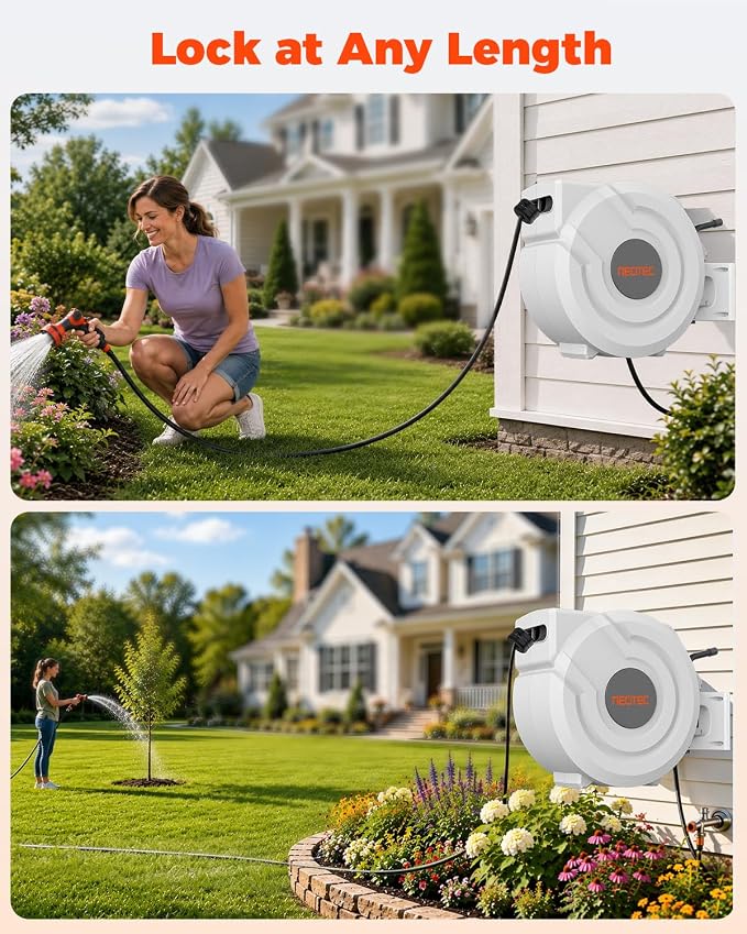 5/8 in 115ft Retractable Garden Hose Reel with Auto Rewind Any Length Lock Heavy Duty Hose Reel,9-Pattern Nozzle,180°Swivel,UV Resistant Wall Mount Water Hose Reel for Outdoor Garden Car Pet Patio