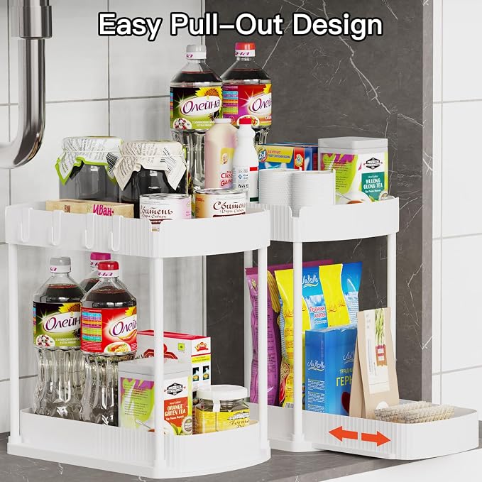 Ukeetap 2 Pack Multi-Purpose Pull-Out Storage Organizers, Under Sink Organizers and Storage for Bathroom & Kitchen, Under Cabinet Organizers and storage, 14.8 Inch, White