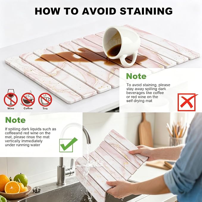Stone Drying Mat for Kitchen Counter, Quick Diatomaceous Earth Mats for Dishes, 24"L x 16" W Super Absorbent Fast-Drying Collapsible Countertop Stone Mat (Marble White-07, 24" x 16")
