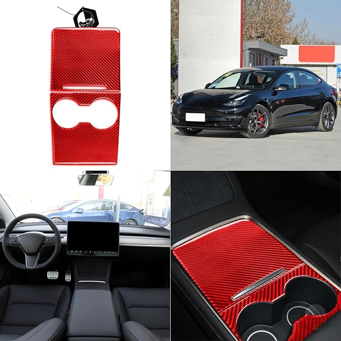 Red Real Carbon Fiber Trim for Tesla Accessories | for Model 3 2017-2022 / Model Y 2020-2024 Center Console Decoration Panel Sticker Interior Thick Overlay Decal - B