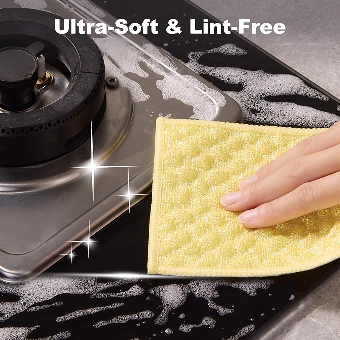 JOYMOOP Bubble Mesh Microfiber Cleaning Cloth, Reusable Non-Scratch Cleaning Rags, Dual-Sided Dish Cloths, Multipurpose Dish Rags for Dishwashing, Kitchen, Stainless Steel-6 Packs, Yellow