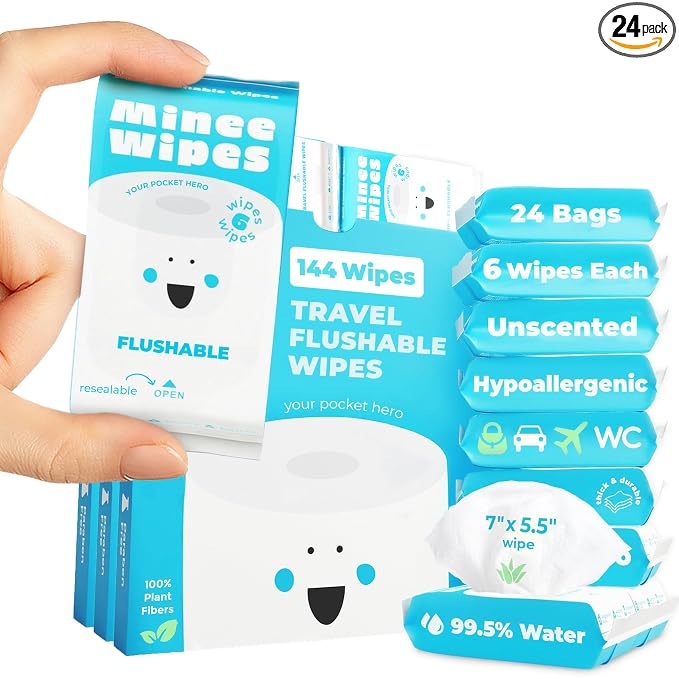 Impossibly Compact Travel Flushable Wipes - 99.5% Water and Aloe - Safe for Sensitive Skin & Hypoallergenic - Travel Essentials for Adults & Kids, Unscented, 24 Pack 144 Wipes