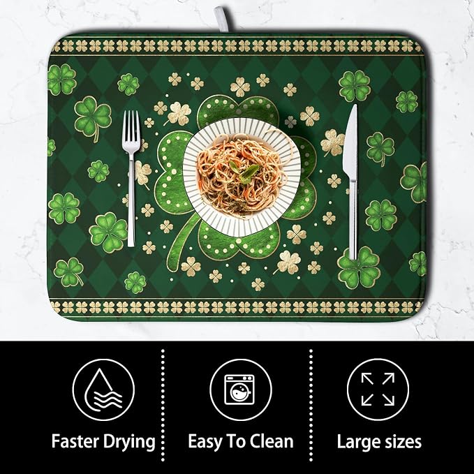 St Patricks Day Drying Mat for Kitchen Counter Shamrock Dish Drying Mats Lucky Clovers Green Plaid Dish Dryer Pad Absorbent Reversible Dish Drainer Rack Mat Kitchen Accessories 16x18 Inch